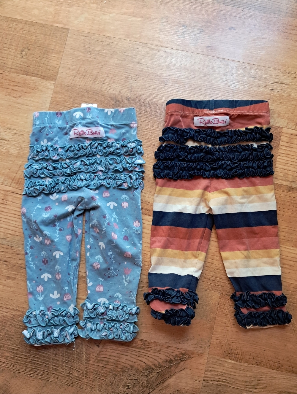 RuffleButts Girls Ruffle Leggings - Blue Floral & Rust Stripe Set 6-12 Months